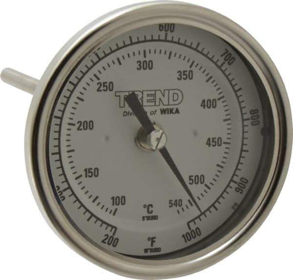 Wika - 6 Inch Long Stem, 3 Inch Dial Diameter, Stainless Steel, Back Connected Bi-Metal Thermometer - 100 to 540°C, 1% Accuracy - All Tool & Supply