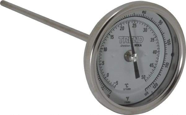 Wika - 9 Inch Long Stem, 3 Inch Dial Diameter, Stainless Steel, Back Connected Bi-Metal Thermometer - -5 to 50°C, 1% Accuracy - All Tool & Supply