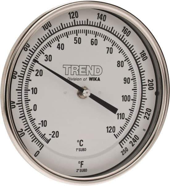 Wika - 2-1/2 Inch Long Stem, 5 Inch Dial Diameter, Stainless Steel, Back Connected Bi-Metal Thermometer - -20 to 120°C, 1% Accuracy - All Tool & Supply