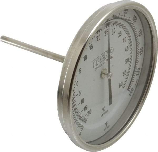 Wika - 4 Inch Long Stem, 5 Inch Dial Diameter, Stainless Steel, Back Connected Bi-Metal Thermometer - -20 to 60°C, 1% Accuracy - All Tool & Supply