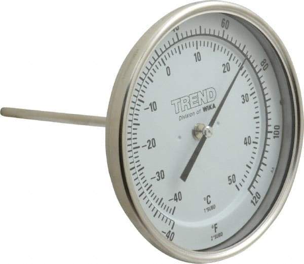 Wika - 6 Inch Long Stem, 5 Inch Dial Diameter, Stainless Steel, Back Connected Bi-Metal Thermometer - -40 to 50°C, 1% Accuracy - All Tool & Supply