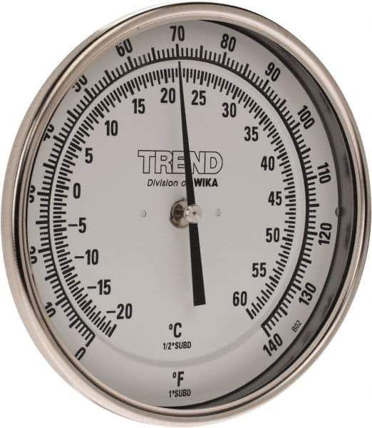 Wika - 6 Inch Long Stem, 5 Inch Dial Diameter, Stainless Steel, Back Connected Bi-Metal Thermometer - -20 to 60°C, 1% Accuracy - All Tool & Supply