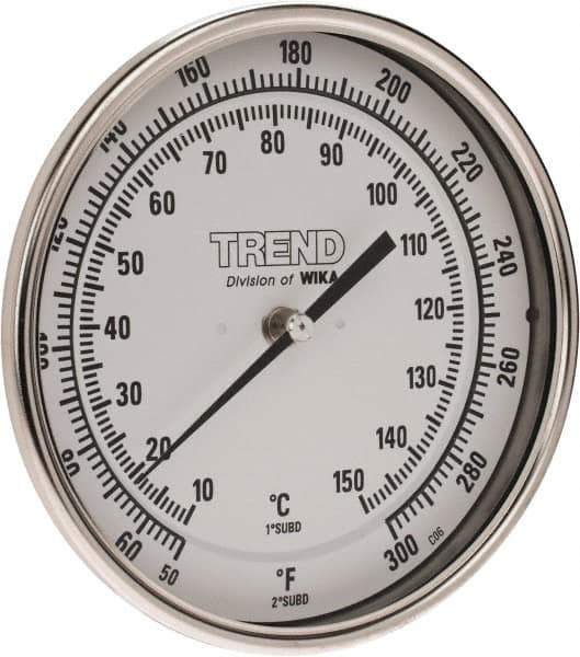 Wika - 6 Inch Long Stem, 5 Inch Dial Diameter, Stainless Steel, Back Connected Bi-Metal Thermometer - 10 to 150°C, 1% Accuracy - All Tool & Supply