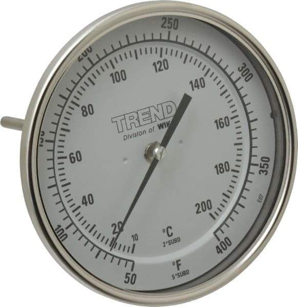 Wika - 6 Inch Long Stem, 5 Inch Dial Diameter, Stainless Steel, Back Connected Bi-Metal Thermometer - 10 to 200°C, 1% Accuracy - All Tool & Supply