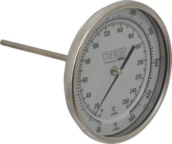 Wika - 6 Inch Long Stem, 5 Inch Dial Diameter, Stainless Steel, Back Connected Bi-Metal Thermometer - 10 to 260°C, 1% Accuracy - All Tool & Supply