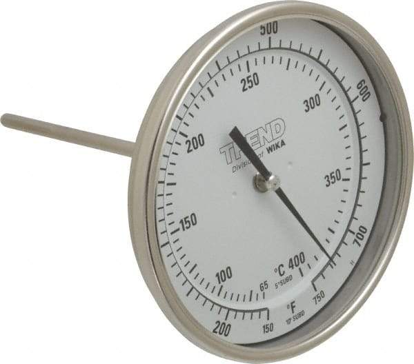 Wika - 6 Inch Long Stem, 5 Inch Dial Diameter, Stainless Steel, Back Connected Bi-Metal Thermometer - 65 to 400°C, 1% Accuracy - All Tool & Supply