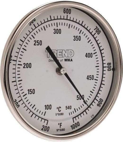 Wika - 9 Inch Long Stem, 5 Inch Dial Diameter, Stainless Steel, Back Connected Bi-Metal Thermometer - 100 to 540°C, 1% Accuracy - All Tool & Supply