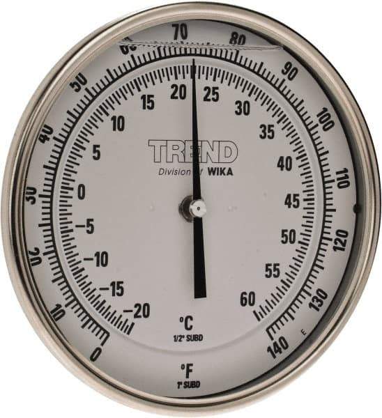 Wika - 4 Inch Long Stem, 5 Inch Dial Diameter, Stainless Steel, Back Connected Bi-Metal Thermometer - -20 to 60°C, 1% Accuracy - All Tool & Supply