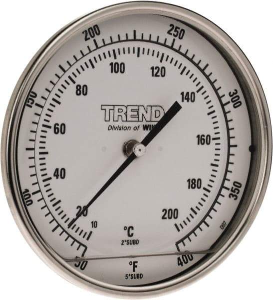 Wika - 4 Inch Long Stem, 5 Inch Dial Diameter, Stainless Steel, Back Connected Bi-Metal Thermometer - 10 to 200°C, 1% Accuracy - All Tool & Supply