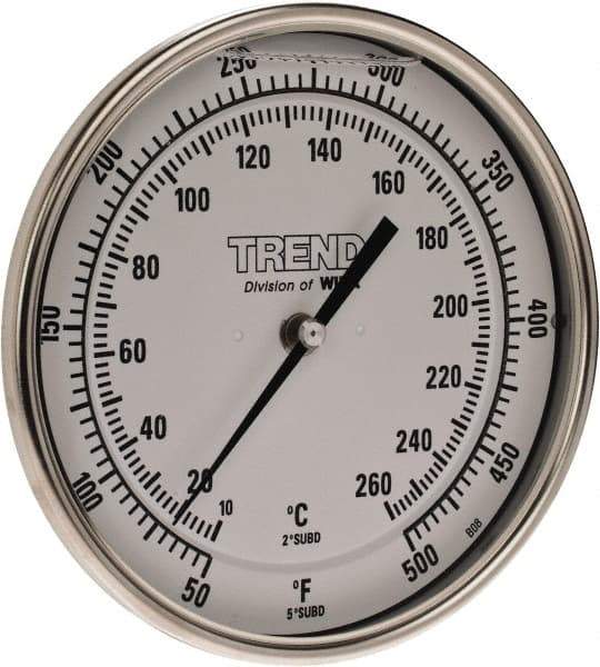 Wika - 4 Inch Long Stem, 5 Inch Dial Diameter, Stainless Steel, Back Connected Bi-Metal Thermometer - 10 to 260°C, 1% Accuracy - All Tool & Supply