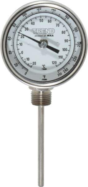 Wika - 4 Inch Long Stem, 3 Inch Dial Diameter, Stainless Steel, Bottom Connected Bi-Metal Thermometer - -20 to 120°C, 1% Accuracy - All Tool & Supply