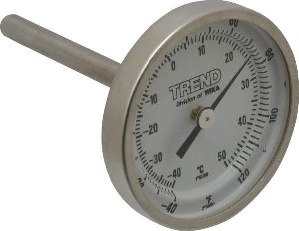 Wika - 2-1/2 Inch Long Stem, 2 Inch Dial Diameter, Stainless Steel, Back Connected Bi-Metal Thermometer - -40 to 50°C, 1% Accuracy - All Tool & Supply