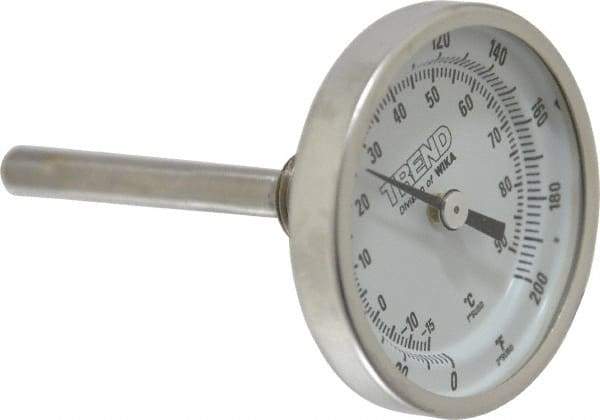 Wika - 2-1/2 Inch Long Stem, 2 Inch Dial Diameter, Stainless Steel, Back Connected Bi-Metal Thermometer - -15 to 90°C, 1% Accuracy - All Tool & Supply