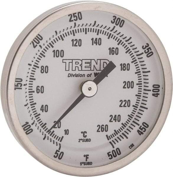 Wika - 2-1/2 Inch Long Stem, 2 Inch Dial Diameter, Stainless Steel, Back Connected Bi-Metal Thermometer - 10 to 260°C, 1% Accuracy - All Tool & Supply