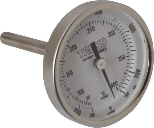 Wika - 2-1/2 Inch Long Stem, 2 Inch Dial Diameter, Stainless Steel, Back Connected Bi-Metal Thermometer - 65 to 400°C, 1% Accuracy - All Tool & Supply