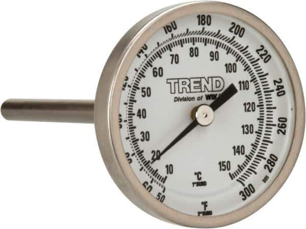 Wika - 4 Inch Long Stem, 2 Inch Dial Diameter, Stainless Steel, Back Connected Bi-Metal Thermometer - 10 to 150°C, 1% Accuracy - All Tool & Supply