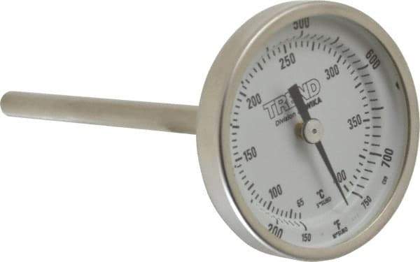 Wika - 4 Inch Long Stem, 2 Inch Dial Diameter, Stainless Steel, Back Connected Bi-Metal Thermometer - 65 to 400°C, 1% Accuracy - All Tool & Supply