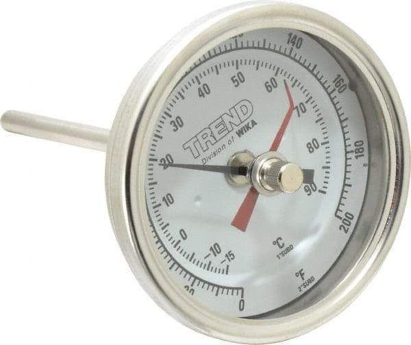 Wika - 4 Inch Long Stem, 3 Inch Dial Diameter, Stainless Steel, Back Connected Bi-Metal Thermometer - -15 to 90°C, 1% Accuracy - All Tool & Supply