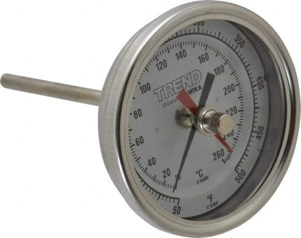 Wika - 4 Inch Long Stem, 3 Inch Dial Diameter, Stainless Steel, Back Connected Bi-Metal Thermometer - 10 to 260°C, 1% Accuracy - All Tool & Supply