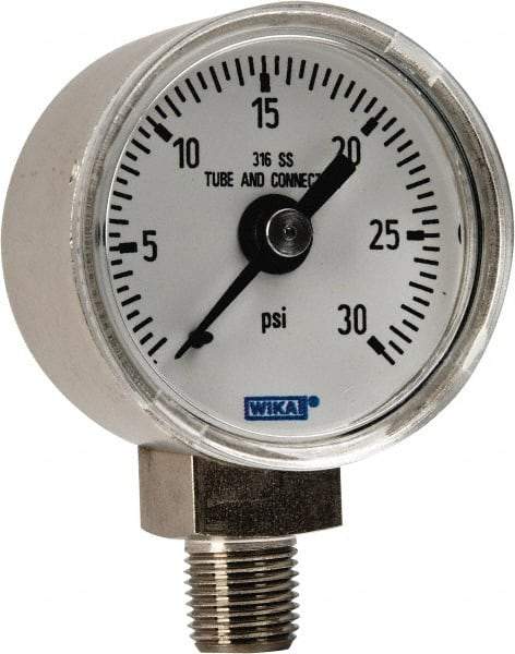 Wika - 1-1/2" Dial, 1/8 Thread, 0-30 Scale Range, Pressure Gauge - Lower Connection Mount, Accurate to 2.5% of Scale - All Tool & Supply