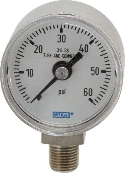 Wika - 1-1/2" Dial, 1/8 Thread, 0-60 Scale Range, Pressure Gauge - Lower Connection Mount, Accurate to 2.5% of Scale - All Tool & Supply