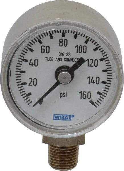 Wika - 1-1/2" Dial, 1/8 Thread, 0-160 Scale Range, Pressure Gauge - Lower Connection Mount, Accurate to 2.5% of Scale - All Tool & Supply