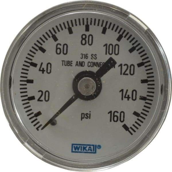 Wika - 1-1/2" Dial, 1/8 Thread, 0-160 Scale Range, Pressure Gauge - Center Back Connection Mount, Accurate to 2.5% of Scale - All Tool & Supply