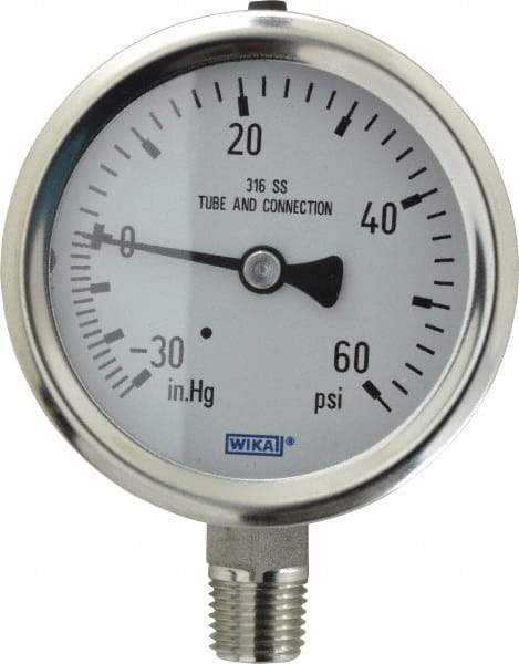 Wika - 2-1/2" Dial, 1/4 Thread, 30-0-60 Scale Range, Pressure Gauge - Lower Connection Mount, Accurate to 1.5% of Scale - All Tool & Supply