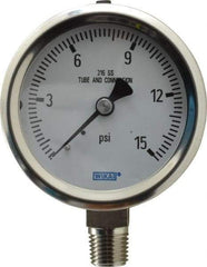 Wika - 2-1/2" Dial, 1/4 Thread, 0-15 Scale Range, Pressure Gauge - Lower Connection Mount, Accurate to 1.5% of Scale - All Tool & Supply