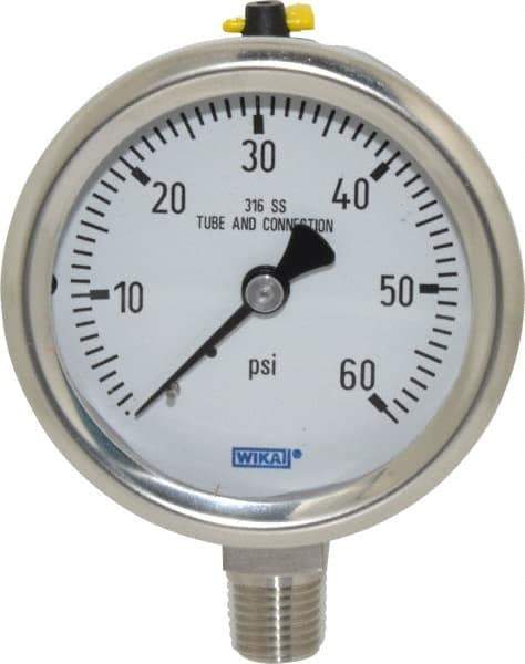 Wika - 2-1/2" Dial, 1/4 Thread, 0-60 Scale Range, Pressure Gauge - Lower Connection Mount, Accurate to 1.5% of Scale - All Tool & Supply