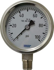 Wika - 2-1/2" Dial, 1/4 Thread, 0-100 Scale Range, Pressure Gauge - Lower Connection Mount, Accurate to 1.5% of Scale - All Tool & Supply