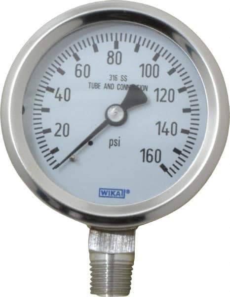 Wika - 2-1/2" Dial, 1/4 Thread, 0-160 Scale Range, Pressure Gauge - Lower Connection Mount, Accurate to 1.5% of Scale - All Tool & Supply