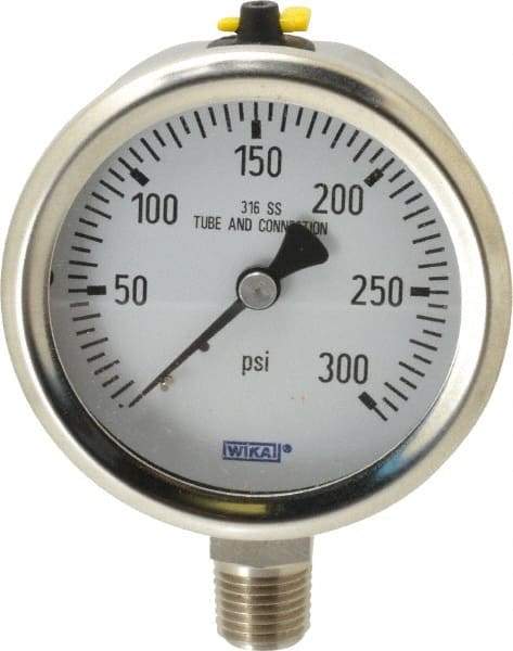 Wika - 2-1/2" Dial, 1/4 Thread, 0-300 Scale Range, Pressure Gauge - Lower Connection Mount, Accurate to 1.5% of Scale - All Tool & Supply