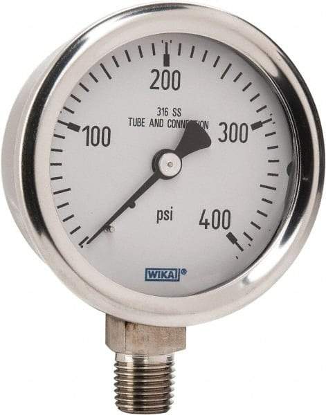 Wika - 2-1/2" Dial, 1/4 Thread, 0-400 Scale Range, Pressure Gauge - Lower Connection Mount, Accurate to 1.5% of Scale - All Tool & Supply