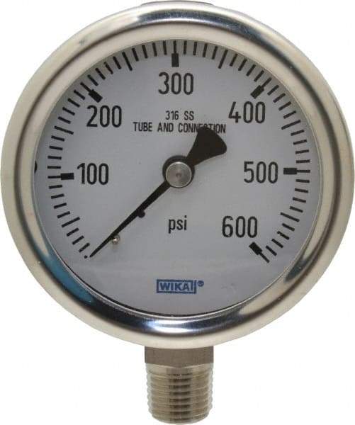 Wika - 2-1/2" Dial, 1/4 Thread, 0-600 Scale Range, Pressure Gauge - Lower Connection Mount, Accurate to 1.5% of Scale - All Tool & Supply