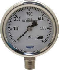 Wika - 2-1/2" Dial, 1/4 Thread, 0-600 Scale Range, Pressure Gauge - Lower Connection Mount, Accurate to 1.5% of Scale - All Tool & Supply