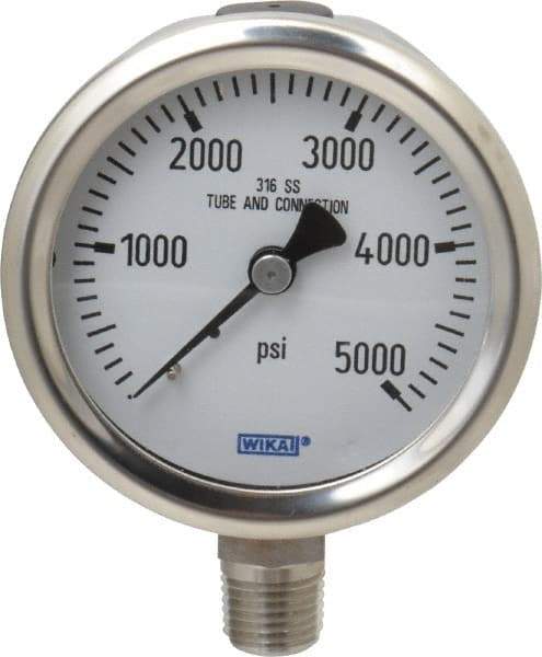 Wika - 2-1/2" Dial, 1/4 Thread, 0-5,000 Scale Range, Pressure Gauge - Lower Connection Mount, Accurate to 1.5% of Scale - All Tool & Supply