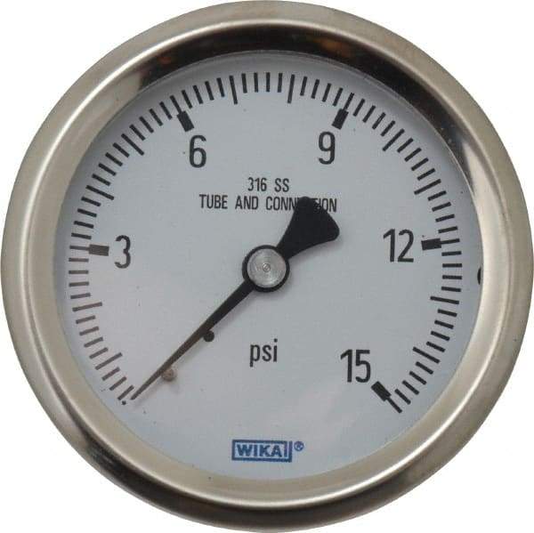 Wika - 2-1/2" Dial, 1/4 Thread, 0-15 Scale Range, Pressure Gauge - Center Back Connection Mount, Accurate to 1.5% of Scale - All Tool & Supply