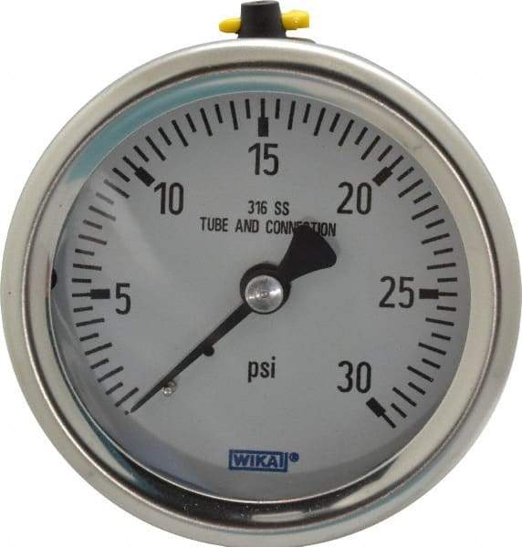 Wika - 2-1/2" Dial, 1/4 Thread, 0-30 Scale Range, Pressure Gauge - Center Back Connection Mount, Accurate to 1.5% of Scale - All Tool & Supply