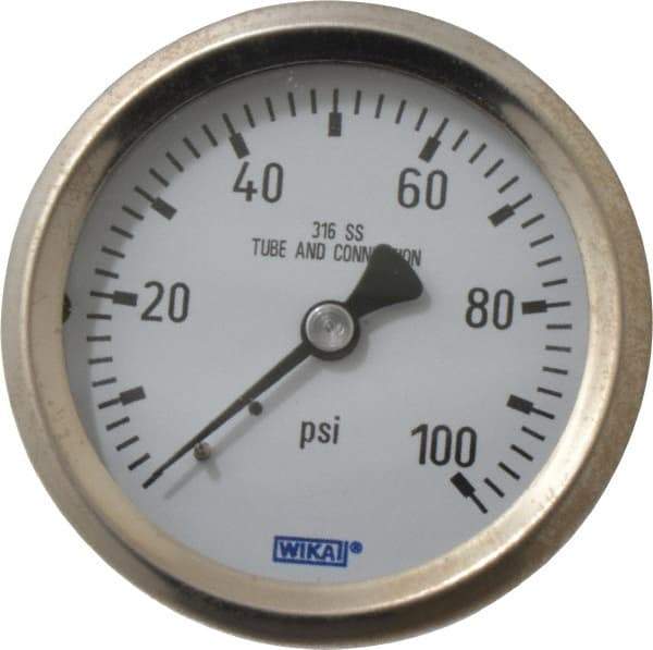 Wika - 2-1/2" Dial, 1/4 Thread, 0-100 Scale Range, Pressure Gauge - Center Back Connection Mount, Accurate to 1.5% of Scale - All Tool & Supply