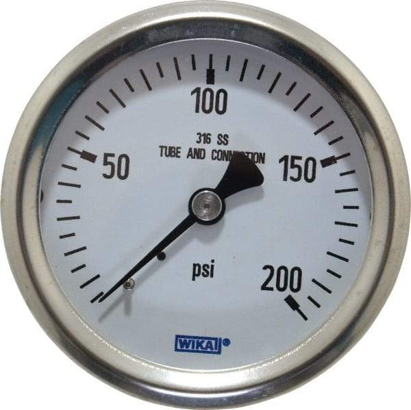 Wika - 2-1/2" Dial, 1/4 Thread, 0-200 Scale Range, Pressure Gauge - Center Back Connection Mount, Accurate to 1.5% of Scale - All Tool & Supply