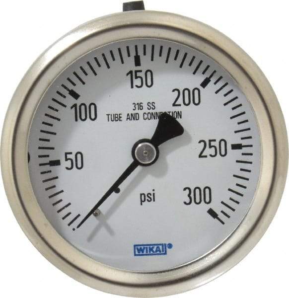 Wika - 2-1/2" Dial, 1/4 Thread, 0-300 Scale Range, Pressure Gauge - Center Back Connection Mount, Accurate to 1.5% of Scale - All Tool & Supply