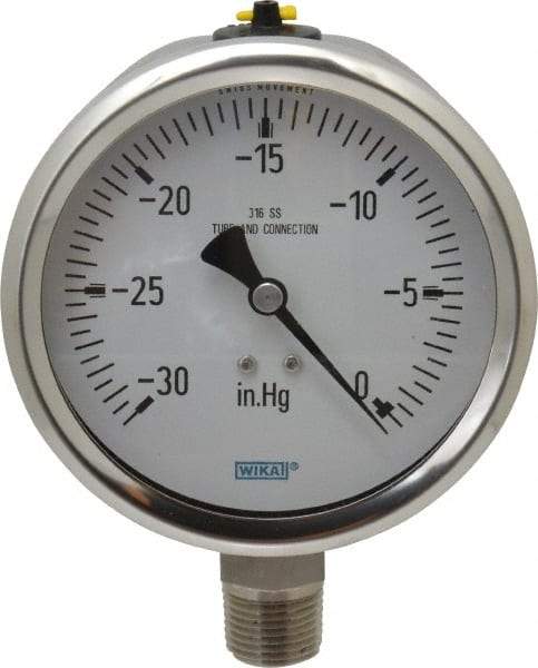 Wika - 4" Dial, 1/2 Thread, 30-0 Scale Range, Pressure Gauge - Lower Connection Mount, Accurate to 1% of Scale - All Tool & Supply