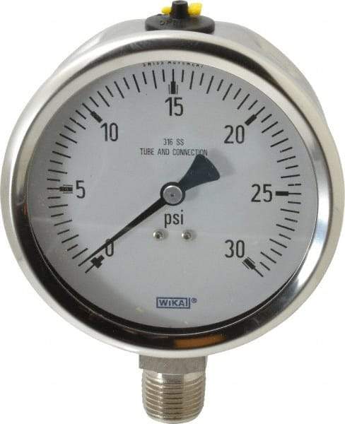 Wika - 4" Dial, 1/2 Thread, 0-30 Scale Range, Pressure Gauge - Lower Connection Mount, Accurate to 1% of Scale - All Tool & Supply