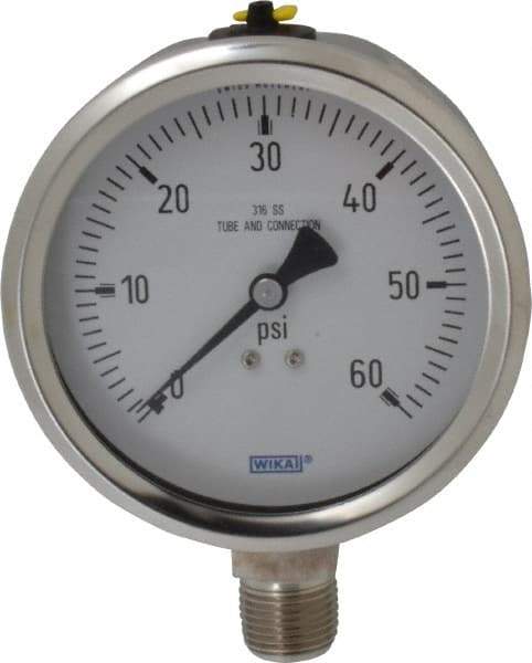 Wika - 4" Dial, 1/2 Thread, 0-60 Scale Range, Pressure Gauge - Lower Connection Mount, Accurate to 1% of Scale - All Tool & Supply