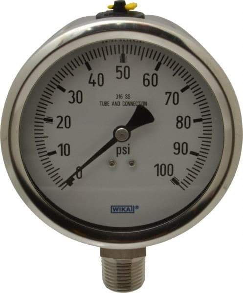 Wika - 4" Dial, 1/2 Thread, 0-100 Scale Range, Pressure Gauge - Lower Connection Mount, Accurate to 1% of Scale - All Tool & Supply