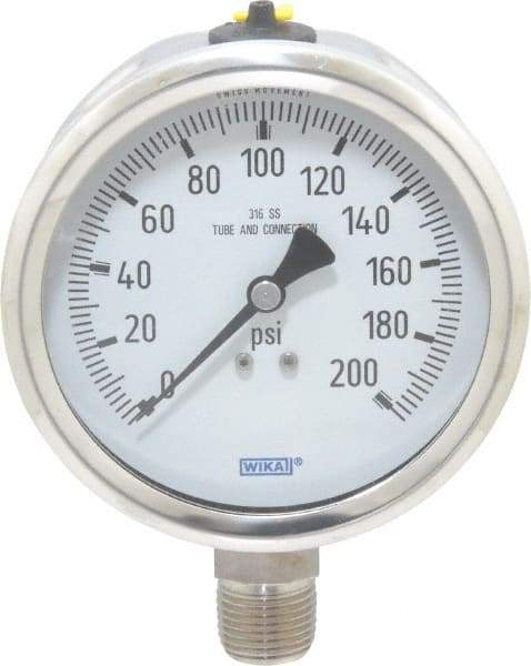 Wika - 4" Dial, 1/2 Thread, 0-200 Scale Range, Pressure Gauge - Lower Connection Mount, Accurate to 1% of Scale - All Tool & Supply