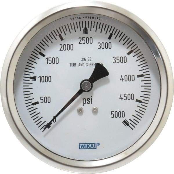 Wika - 4" Dial, 1/2 Thread, 0-5,000 Scale Range, Pressure Gauge - Lower Back Connection Mount, Accurate to 1% of Scale - All Tool & Supply