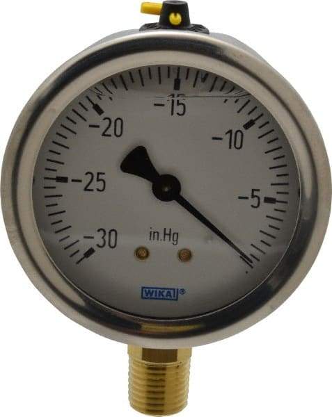 Wika - 2-1/2" Dial, 1/4 Thread, 30-0 Scale Range, Pressure Gauge - Lower Connection Mount, Accurate to 1.5% of Scale - All Tool & Supply