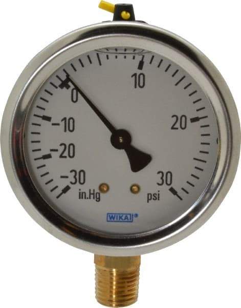 Wika - 2-1/2" Dial, 1/4 Thread, 30-0-30 Scale Range, Pressure Gauge - Lower Connection Mount, Accurate to 1.5% of Scale - All Tool & Supply